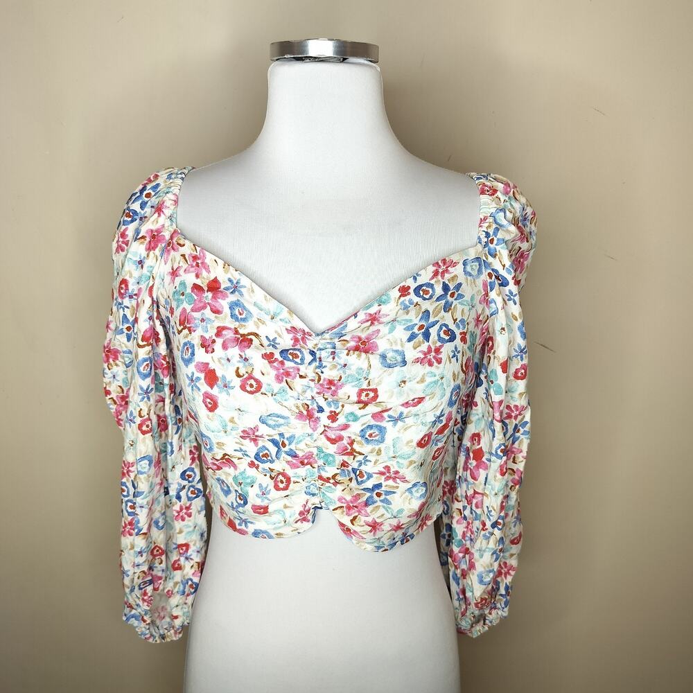 Zara‎ Floral Tie Back Shirt Top Puff Sleeve Cropped